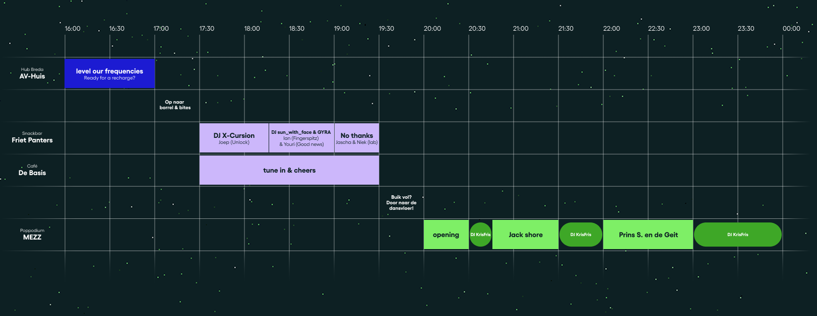 Festival timetable showing schedule across multiple venues