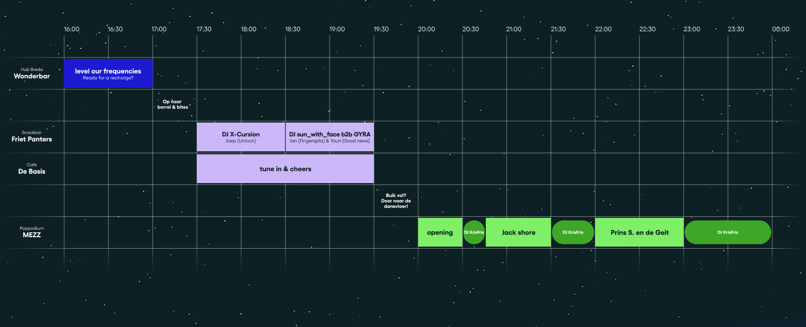 Festival timetable showing schedule across multiple venues